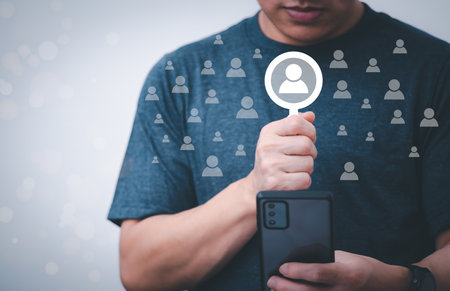 Information search technology, search engine optimization, male hand using a smartphone to search...