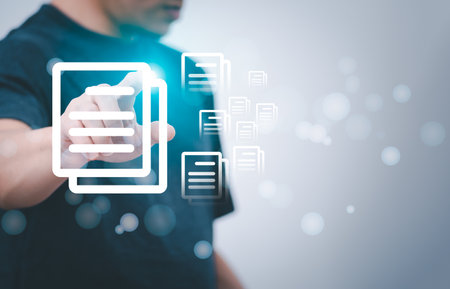 a person touching a virtual screen to access information, concept management digital transformation Internet of Things, Big Data and Business Processes, Automated Operations, Data Storageの写真素材