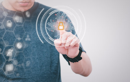 The person is touching the virtual screen. To demonstrate security, concept management, digital transformation. Internet of Things, Big Data and Business Processes, Automated Operations, Data Storageの写真素材