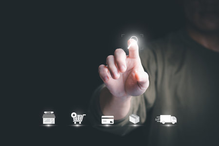 information search technology, man's hand touching a virtual screen to search for online shopping information, using the search bar function on your website, search information, online marketingの写真素材