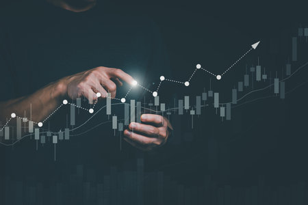 Planning and strategy, stock market, business growth, progress or success concept, businessman or trader showing growing virtual holographic stocks, invest in stock market trading or digital assetsの写真素材