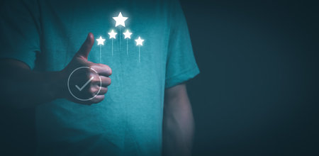 Customer services best excellent business rating experience. Satisfaction survey concept. user gives ratings to service experience on the online application, online marketing, and business processes.の写真素材