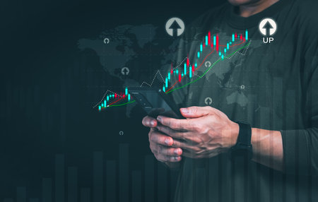Planning and strategy, stock market, business growth, progress or success concept, businessman or trader showing growing virtual holographic stocks, invest in stock market trading or digital assetsの写真素材
