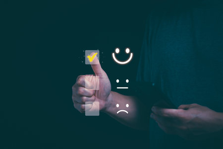 Customer services best excellent business rating experience. Satisfaction survey concept. user gives ratings to service experience on the online application, online marketing, and business processes.の写真素材