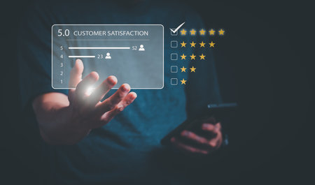 Satisfaction survey concept and customer service, using digital media technology, questionnaire, and rating satisfaction, rating satisfaction five stars, searching for information, online marketingの写真素材
