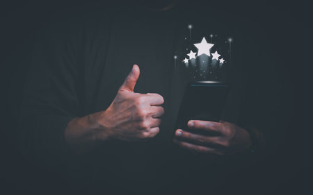 Customer services best excellent business rating experience. Satisfaction survey concept. user gives ratings to service experience on the online application, online marketing, and business processes.の写真素材