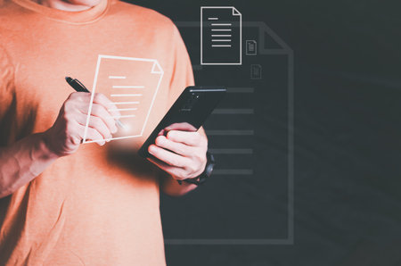 The person signing an electronic document on a smartphone, management concept, digital transformation Internet of Things, Big Data and Business Processes, Automated Operations, Data Storageの写真素材