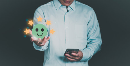 Customer services best excellent business rating experience. Satisfaction survey concept. user gives ratings to service experience on the online application, online marketing, and business processes.の写真素材