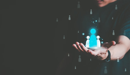 Businessman showing clients on holographic global network structure and the exchange of information, the concept of connecting information around the world with technology internet, digital marketingの写真素材