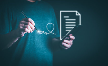 The person touching the virtual screen to sign a document digitally, digital transformation management concept Internet of Things, Big Data and Business Processes, Automated Operations, Data Storageの写真素材
