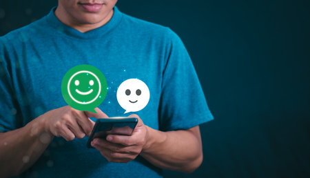 Customer services best excellent business rating experience. Satisfaction survey concept. user gives ratings to service experience on the online application, online marketing, and business processes.の写真素材