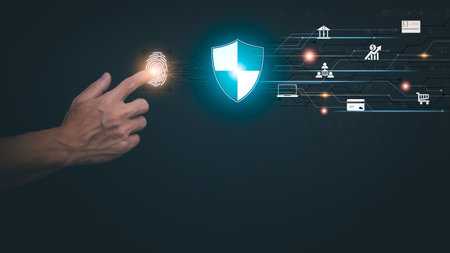 A person showing protection of financial transaction To demonstrate transaction security, management...