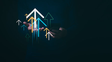 Businessman showing up arrow icon, Finance interest rate and dividend concept, Investment return and...