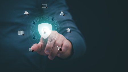 Person showing protection system In order to screen or prevent attacks from cyber, hackers, the...