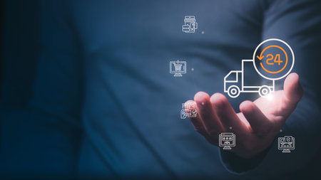 A man's hand holding a glowing 24 hour delivery truck icon with logistics service symbols,...