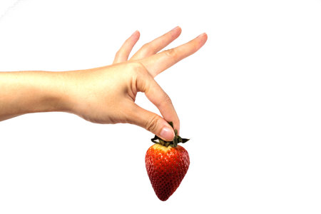 Fresh strawberry with woman hand in isolated backgroundの写真素材