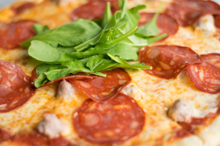 Salami pizza close upの写真素材
