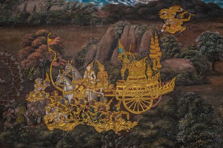 Mural painting on the walls of Emerald Buddha Temple in Bangkok, Thailandのeditorial素材
