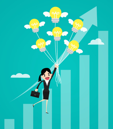 Business woman flying with idea balloon over growth chart. business concept vector illustrationのイラスト素材