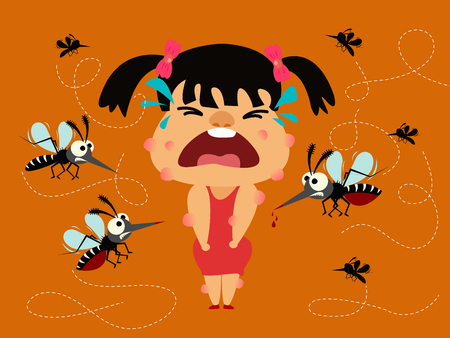 Dengue fever. girl crying becaues many of mosquito biting her body.のイラスト素材