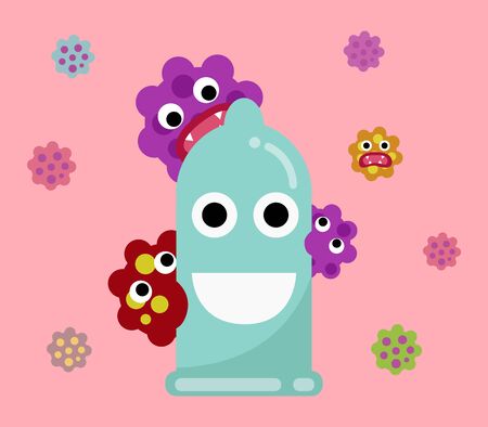 condom prevention sexual transmitted disease concept. happy condom with many virus. vector illustrationのイラスト素材