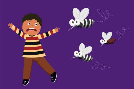 children running out of mosquito hunting group. Mosquito the carrier of dengue fever and zika virus. Mosquito control concept. vector illustration design.のイラスト素材