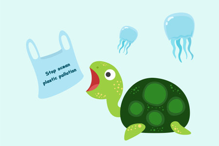 Plastic pollution in ocean environmental problem. Turtles can eat plastic bags mistaking them for jellyfish. vector illustration.のイラスト素材