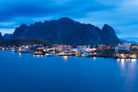 Beautiful landscape from Reine fishing village at night, Lofoten Islands, Norway, Europeのeditorial素材
