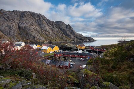 Traditional Norwegian fishing village in Nusfjord, Lofoten islands, Norway, Europeの写真素材