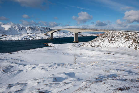 Beautiful landscape from The Fredvang bridges in winter season, Lofoten islands, Norway, Europeの写真素材