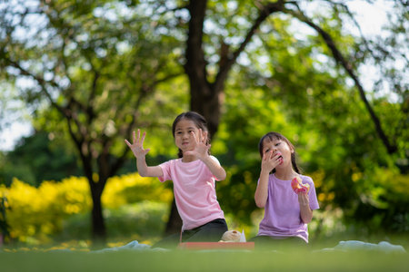 Cute little Asian children eating sweet donuts, tasty food for kids, Funny time in the park, summer vacation conceptの写真素材