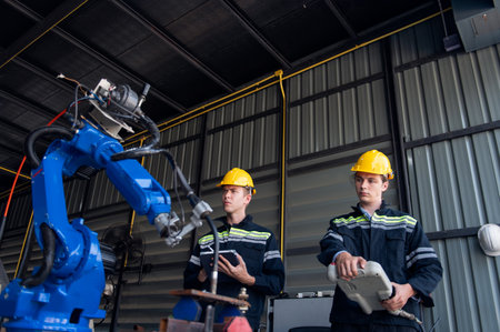 Engineer with helmet safety inspection control a robot arm welding machine with a remote system in an industrial factory, technician worker check for repair maintenance electronic operationの写真素材