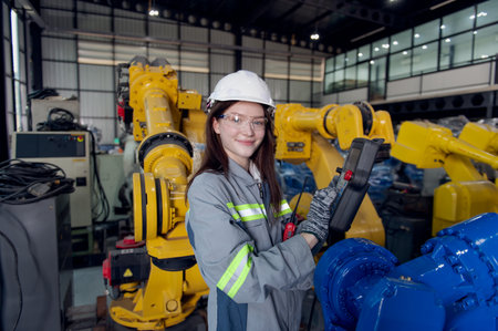Engineer woman with helmet safety worker working with robotic arm in industry factoryの写真素材