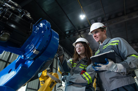 Engineer with helmet safety inspection control a robot arm welding machine with a remote system in...
