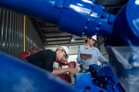 Engineer with helmet safety inspection control a robot arm welding machine with a remote system in...