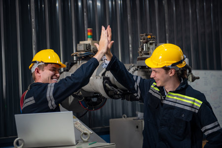 Engineer with helmet safety standing by robotic arm and operating machine in industry factory