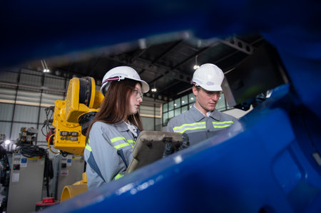 Engineer with helmet safety standing by robotic arm and operating machine in industry factory