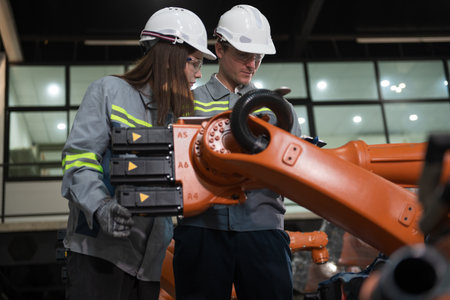Engineer with helmet safety standing by robotic arm and operating machine in industry factoryの写真素材