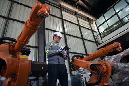 Engineer with helmet safety standing by robotic arm and operating machine in industry factory