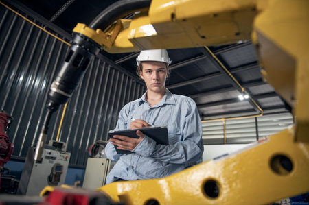 Engineer with helmet safety standing by robotic arm and operating machine in industry factory, technician worker check for repair maintenance electronic operationの写真素材