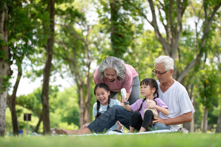 Happy Asian family children having fun and playing with her grandparents in the park, summer vacation conceptの写真素材