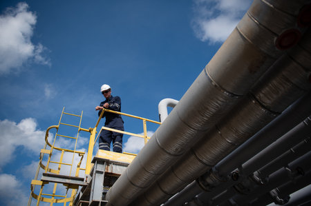 Refinery industry, engineer working in industrial production, oil and gas refinery plant industry...