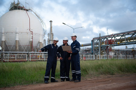 Refinery industry, engineer working on computer laptop at oil and gas refinery plant industry...
