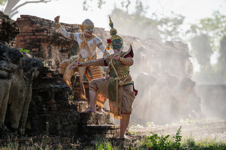 Pantomime (Khon) is traditional Thai classic masked play enacting scenes from the Ramakien (Ramayana) in a public place at Wat Ma Hea Yong, Ayutthaya, Thailandの写真素材