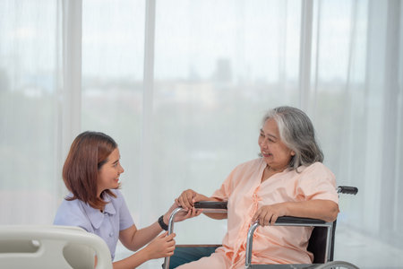 Senior care, portrait of Asian nurse with senior female patient for medical help, elderly care...