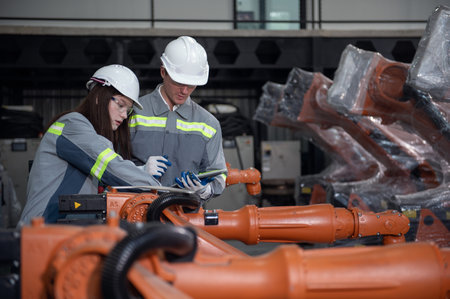 Engineer with helmet safety standing by robotic arm and operating machine in industry factory,...