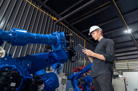 Engineer with helmet safety standing by robotic arm and operating machine in industry factory, technician worker check for repair maintenance electronic operationの写真素材