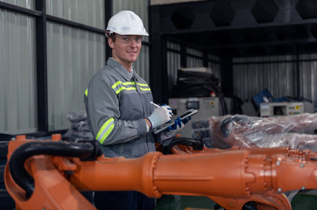 Engineer with helmet safety standing by robotic arm and operating machine in industry factory, technician worker check for repair maintenance electronic operationの写真素材