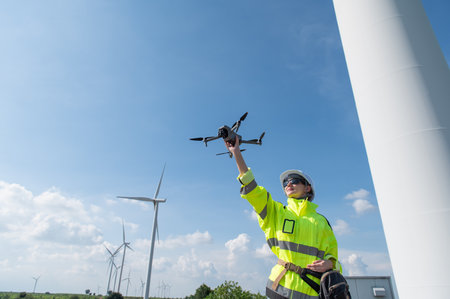 Wind Turbine Drone Inspection Maintenance and Repair Technician, Engineer Checking Turbines working...