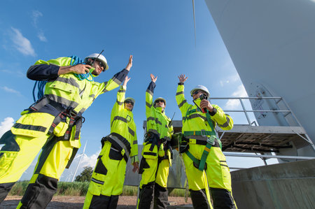 Wind Turbine Maintenance and Repair Technician, Engineer team professional working maintenance clean...